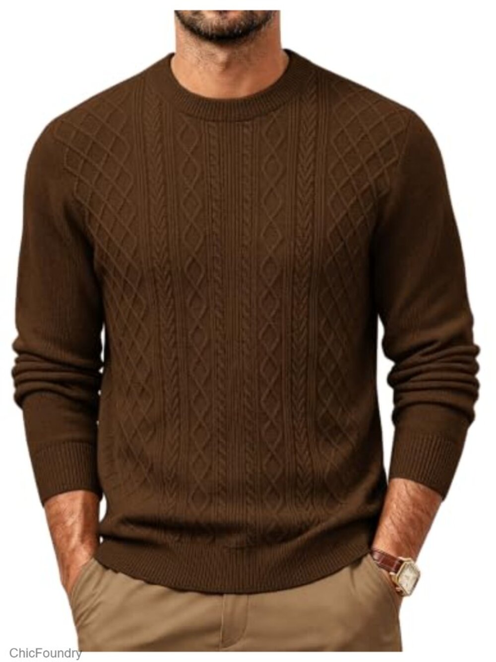 Wool Blend Cable Knit Crewneck Pullover Sweater